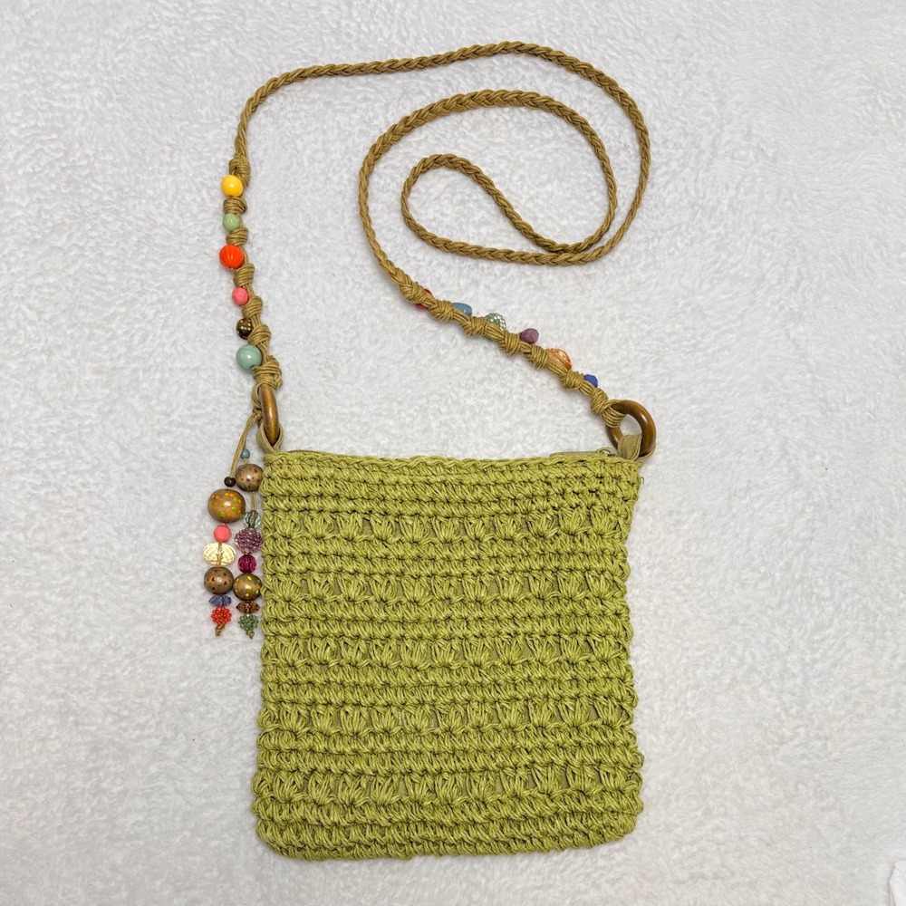 Cappelli Straworld Olive Green Crochet Crossbody Bag Beaded Strap Boho Festival